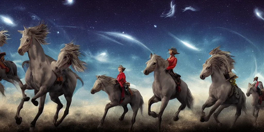Prompt: a group of cyan spectral horse - riders fly overhead in the starry twilight sky, high detail, sharp, digital art