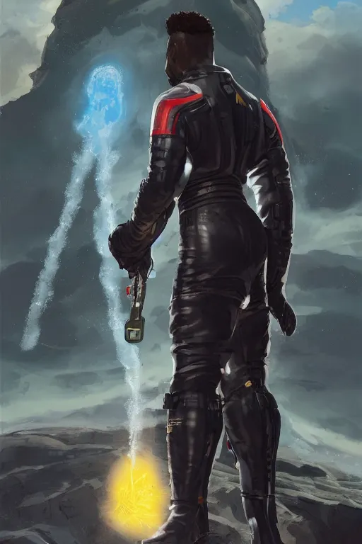 Image similar to portrait of a black man as baron harkonnen wearing leather spacesuit, standing on rocky outcrop and firing a retro laser pistol, detailed, nebula space background, illustration by normal rockwell, artstation character art, adebanji alade, concept art, greg rutkowski, artgerm