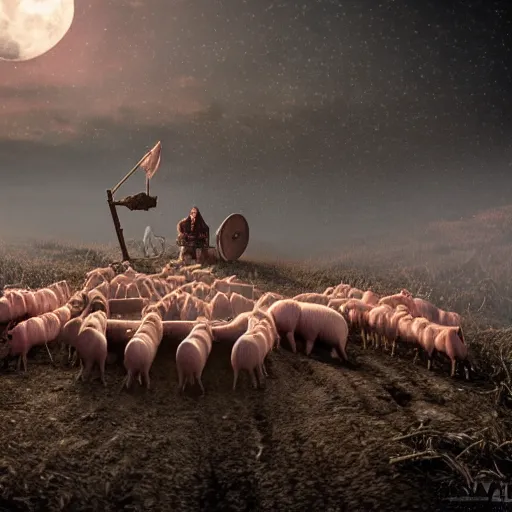 Prompt: the harvesting of 1 0 0 0 pigs by horrible viking men dressed in wolves clothing. in wintertime. in the moonlight. hyper realistic 8 k render.