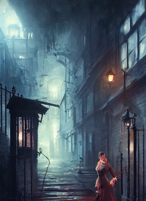 Image similar to highly detailed portrait of jack the ripper, realistic, horror, fantasy art by greg rutkowski, stanley artgerm, loish, rhads, tom bagshaw, global illumination, radiant light, detailed and intricate environment