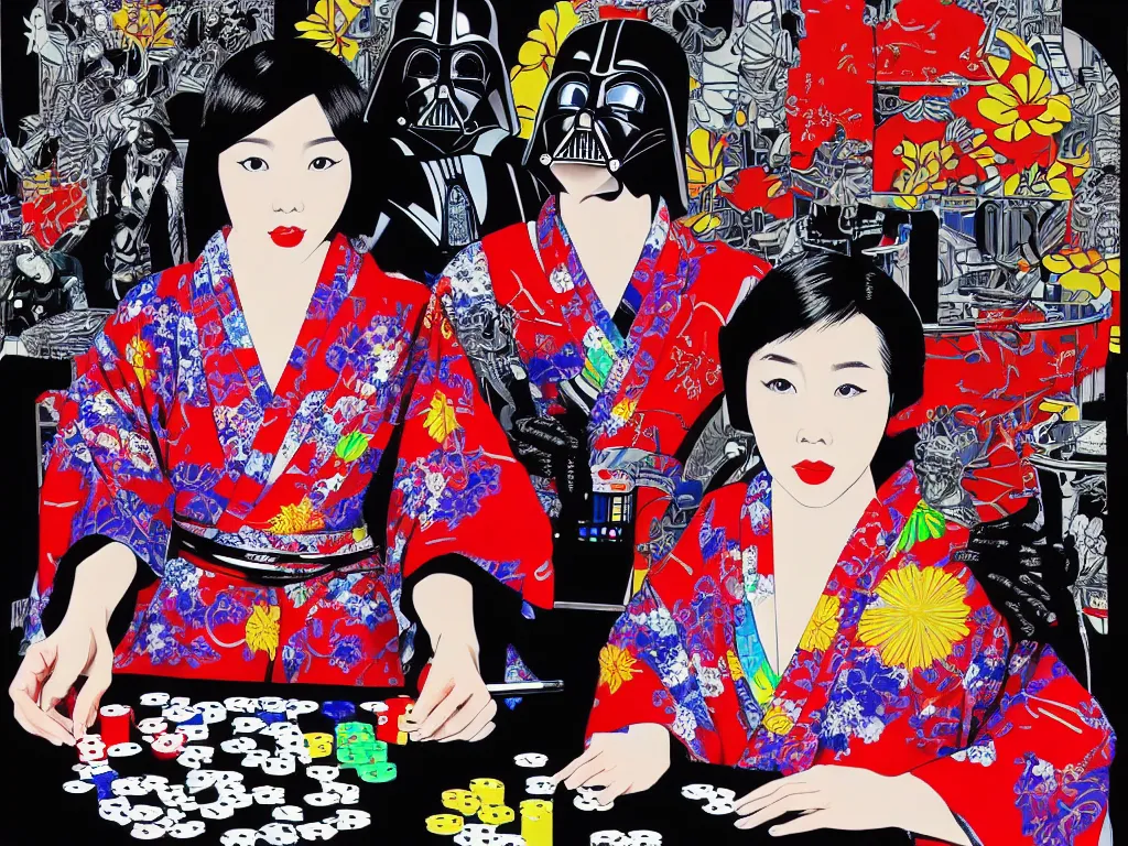 Image similar to hyperrealism composition of the detailed woman in a japanese kimono sitting at an extremely detailed poker table with darth vader, fireworks on the background, pop - art style, jacky tsai style, andy warhol style, acrylic on canvas