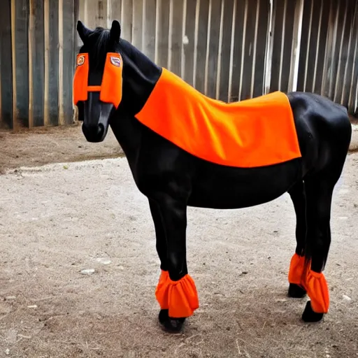 Image similar to horse with orange inmate clothes, in a jail