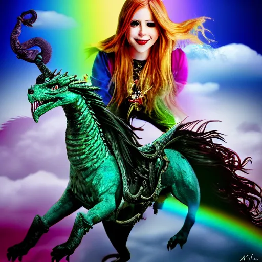 Image similar to photograph of avril lavigne riding a dragon through the clouds with rainbows and unicorns, high medieval fantasy, full color digital art, cinematic shot, portrait, wide shot.