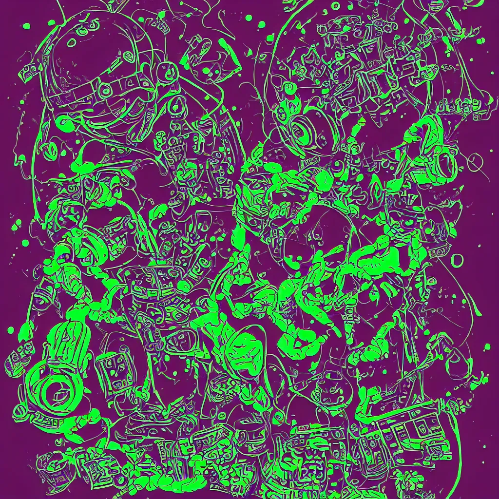 Image similar to a toad wearing headphones, ryuta ueda artwork, breakcore, style of jet set radio, y 2 k, gloom, space, cel - shaded art style, sacred geometry, data, minimal, code, cybernetic, dark, eerie, cyber