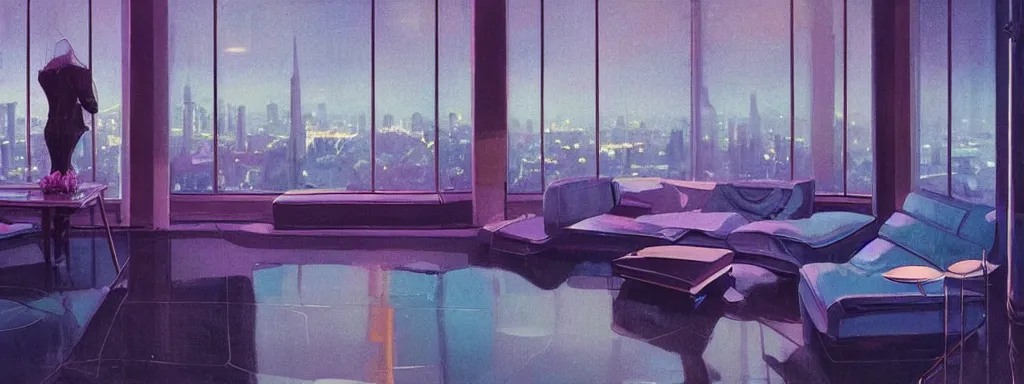 Image similar to concept art, night time retro - futurist penthouse, reflections, moody, designer furniture, high ceiling, 6 0 s colour palette, plants, flowers, floor lamps, multi - level, soft lighting, city view, bladerunner, james jean, syd mead, akihiko yoshida, cinematic
