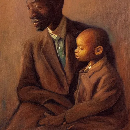 Image similar to a painting of a elegant, well fed, smooth-chinned, long nose, elder with few eyebrows and his son from Kenya by Henry Ossawa Tanner . thinker without facial hair, thoughtful, focused, visionary, calm, jovial, loving, fatherly, generous, . dramatic angle, ethereal lights, details, smooth, sharp focus, illustration, realistic, cinematic, artstation, award winning, rgb , unreal engine, octane render, cinematic light, macro, depth of field, blur, red light and clouds from the back, highly detailed epic cinematic concept art CG render made in Maya, Blender and Photoshop, octane render, excellent composition, dynamic dramatic cinematic lighting, aesthetic, very inspirational, arthouse.