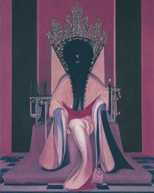 Image similar to an illustration of a queen on a throne at night by johann heinrich fussli, by nicholas roerich, by georgia o keeffe, realistic, detailed, oil painting, 1 9 th