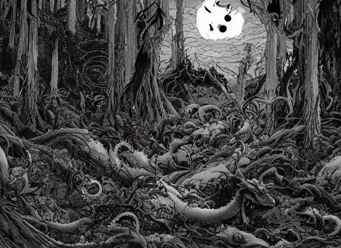 Image similar to a landscape of a forest at hell by takeshi obata and mike mignola, hell, dragons, red and black colors, colors, abandoned buildings, forest with trees with faces, small demons, shadows screaming, night sky, highly detailed, cgsociety, artstation, pencil and ink, very detailed