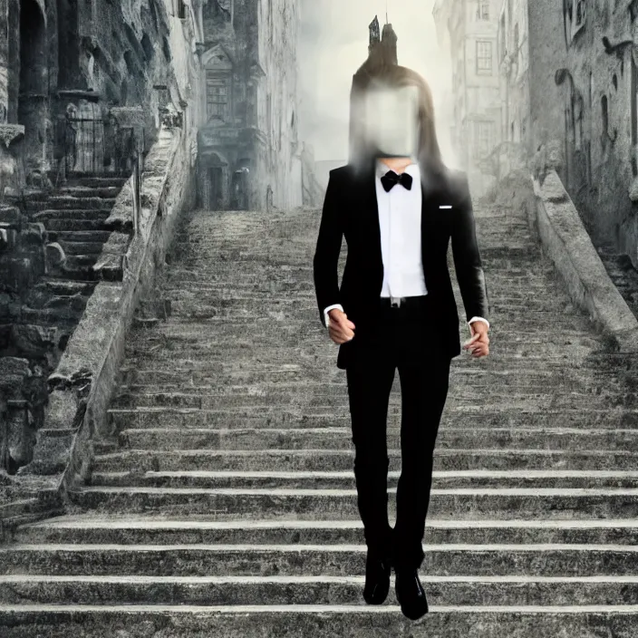 Prompt: cinematic movie, background is castle and steps, with a silver mask, silver wavy hair, black suit, 4 k