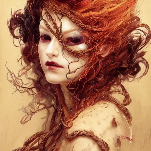 Image similar to portrait of a Shibari rope wrapped face and neck, headshot, insanely nice professional hair style, dramatic hair color, digital painting, of a old 13th century, traveler, amber jewels, baroque, ornate clothing, scifi, realistic, hyperdetailed, chiaroscuro, concept art, art by Franz Hals and Jon Foster and Ayami Kojima and Amano and Karol Bak,