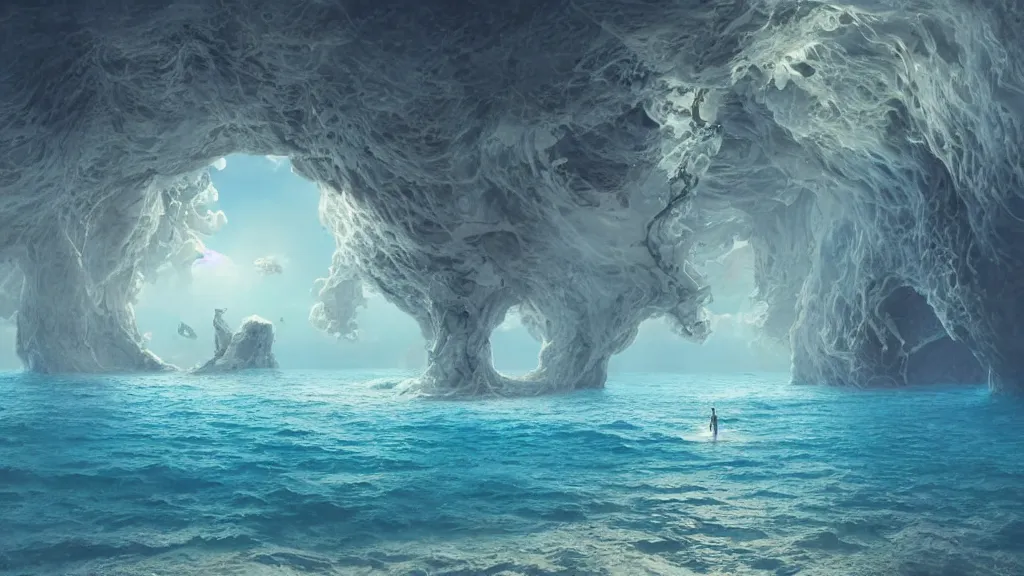 Prompt: clear blue ocean waters splitting apart to reveal ocean floor, whimsical surrealism, dream recording, 4 k, award - winning, octane render, deep - space imaging, intricate geometry, fantastical setting, eldritch space, otherwordly, art by salvador dali, by greg rutkowski