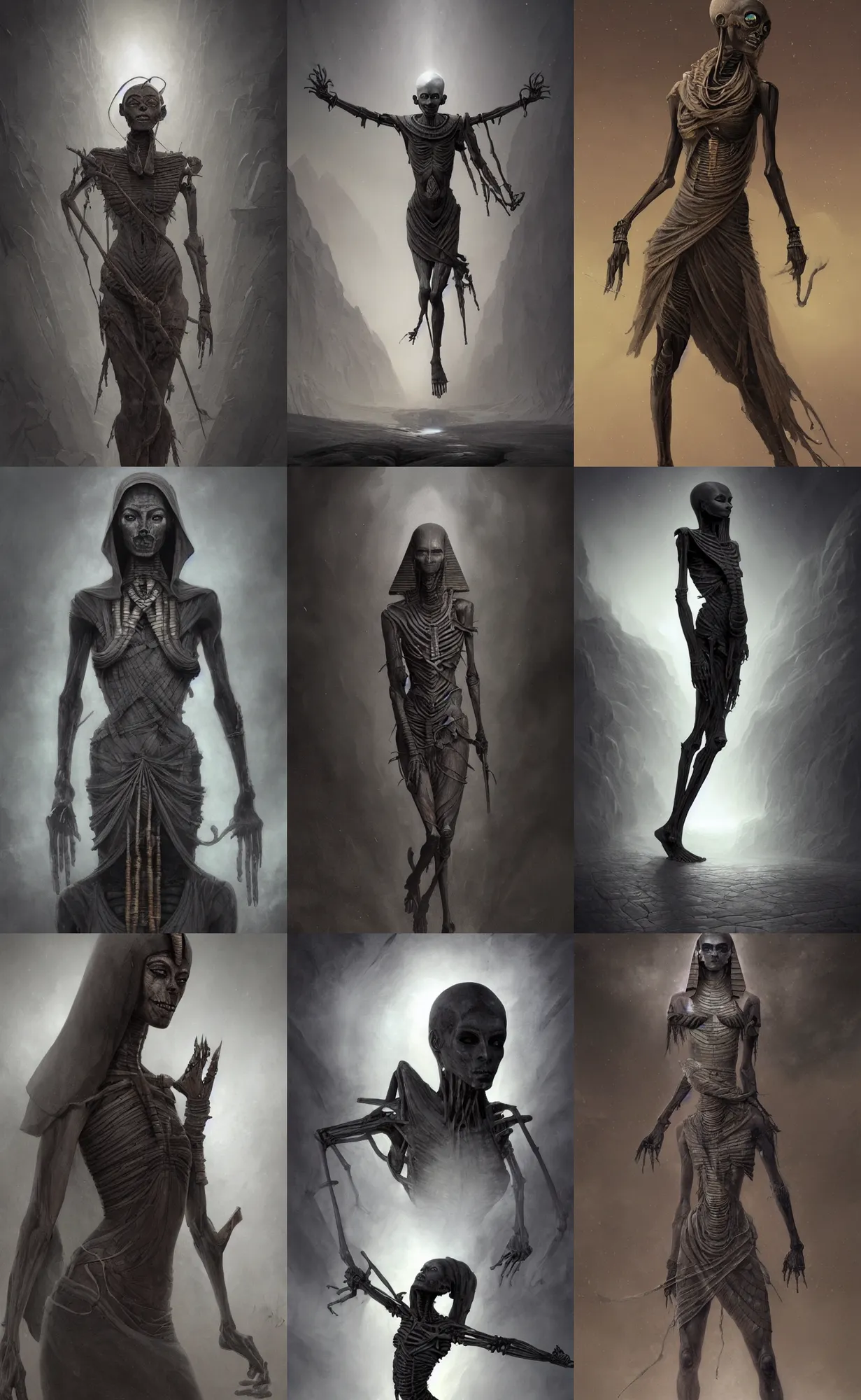 Prompt: dark grey skin, thin skeleton, egyptian mummy hatshepsut, full body shot, cold mist black background, highly detailed, digital painting, artstation, concept art, sharp focus, illustration, orientalism, art by aleksi briclot and beksinski and mohrbacher and raphael lacoste and magali villeneuve