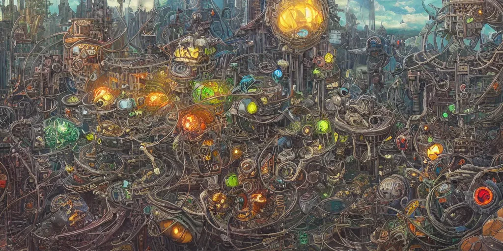 Image similar to magic the gathering art, ver.ka mecha machinarium, complex elaborate amphibian cityscape by Dan Mumford and by Dan Witz