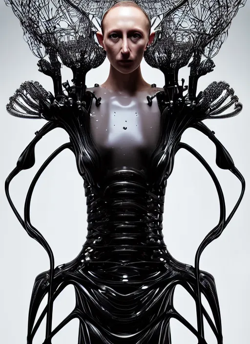 Image similar to forest iris van herpen gothic inflateble dark dress, perfect symmetrical body, helmet on face, full body shot, inflateble shapes, wires, tubes, veins, jellyfish, white biomechanical details, wearing epic bionic cyborg implants, masterpiece, intricate, biopunk, vogue, highly detailed, artstation, concept art, cyberpunk, octane render