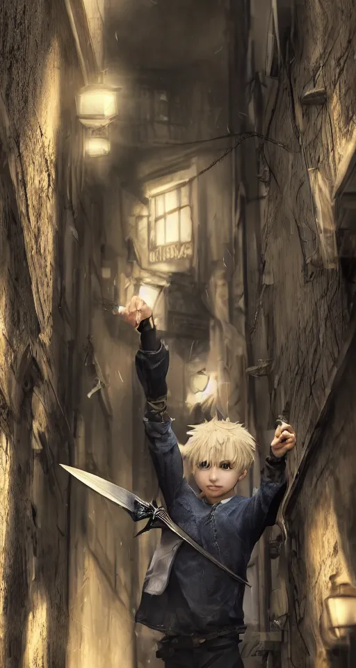 Image similar to A young blonde haired boy wearing thief clothes with daggers in an alleyway, epic fantasy, octane render, high detail, photorealistic, High details,4k, anime style