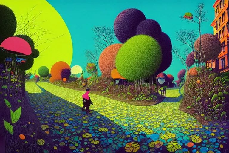 Image similar to surreal glimpse into other universe, jalan - jalan cari makan, summer morning, very coherent and colorful high contrast, art by!!!! gediminas pranckevicius!!!!, geof darrow, floralpunk screen printing woodblock, dark shadows, hard lighting, stipple brush technique,