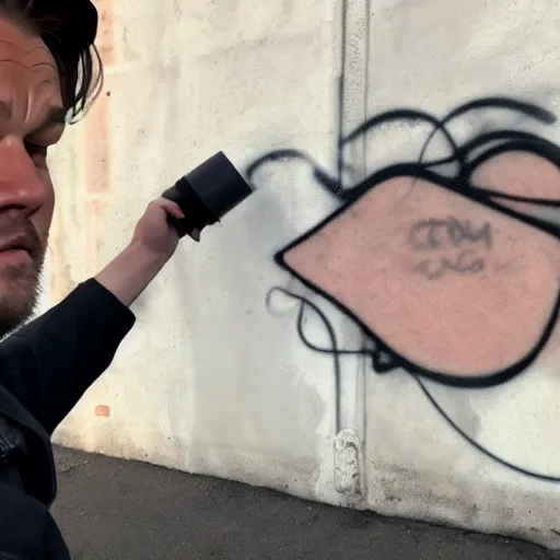 Image similar to bodycam photo of a drunk leonardo dicaprio spraying his graffiti tag in a wall, wide angle, fisheye, uhd, 8 k, bodycam, award winning,