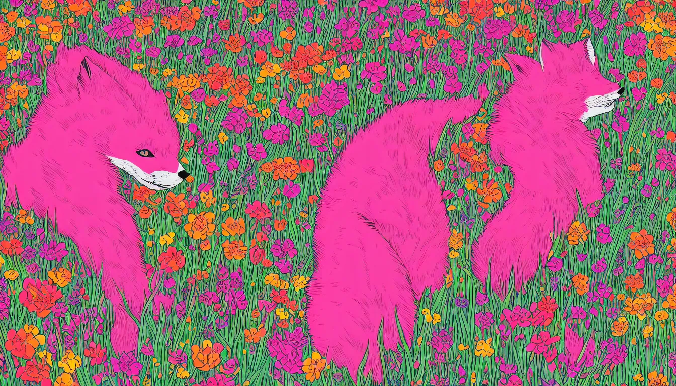 Prompt: pink fox head popping out of a field of multi colored flowers by kilian eng