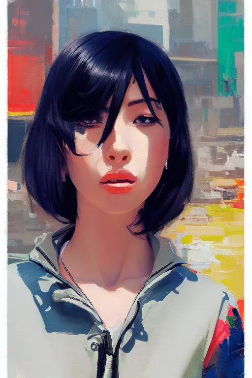 Prompt: A ultradetailed beautiful panting of a stylish woman looking at the camera, she is wearing streetwear, bright sunny day, Oil painting, by Ilya Kuvshinov, Greg Rutkowski and Makoto Shinkai