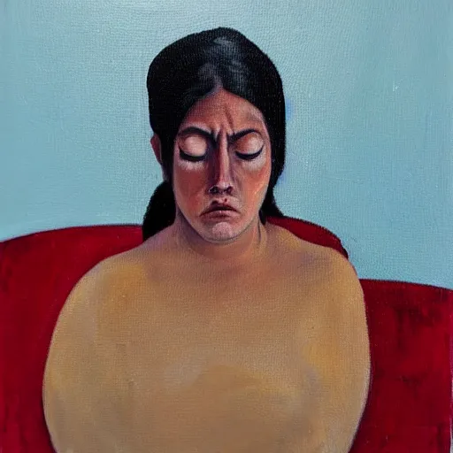 Image similar to scared woman staring up, oil painting, oil in canvas, brushstrokes