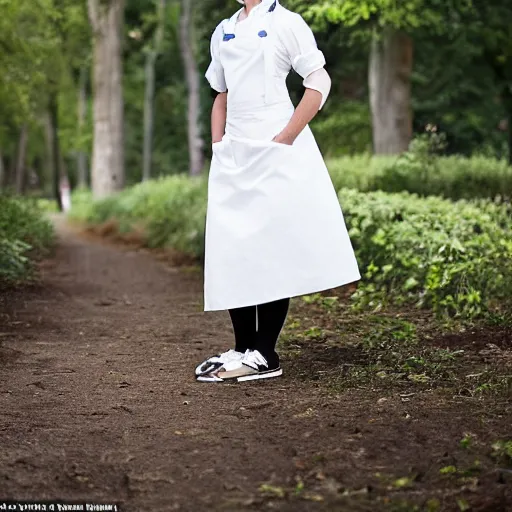 Image similar to a full body portrait of a very very very beautiful young woman wearing a white apron in a park, very detailed, William-Adolphe, photo taken with Sony a7R