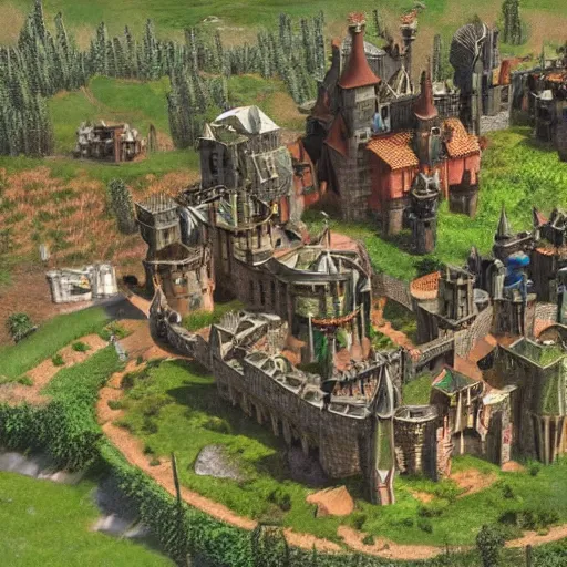 Image similar to a medievil castle set in the hills with a market below in the fields, realistic, hyperdetail,