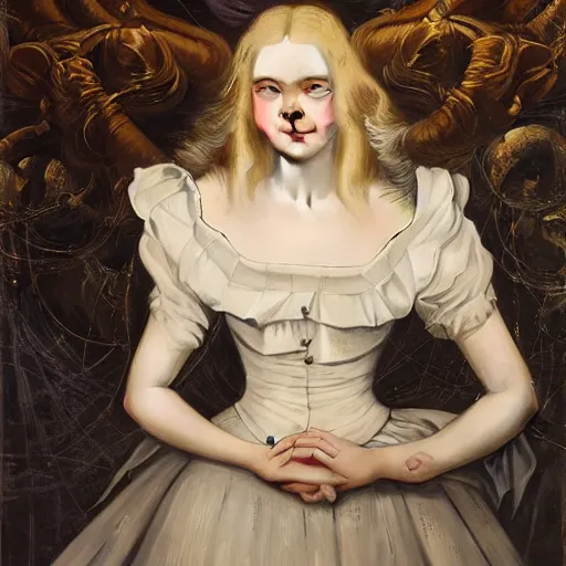 Prompt: elle fanning, ana de armas, anya taylor - joy in prey picture by j. c. leyendecker and peter paul rubens, asymmetrical, dark vibes, realistic painting, organic painting, matte painting, geometric shapes, hard edges, graffiti, street art : 2 by j. c. leyendecker and peter paul rubens : 4