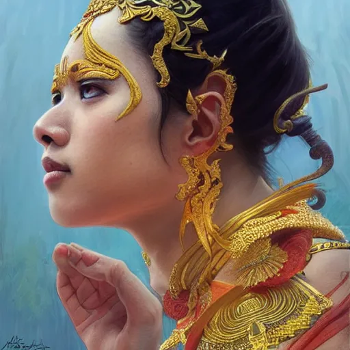 Image similar to a bali dancer, portrait, highly detailed, digital painting, artstation, concept art, sharp focus, illustration, art by artgerm and greg rutkowski and alphonse mucha