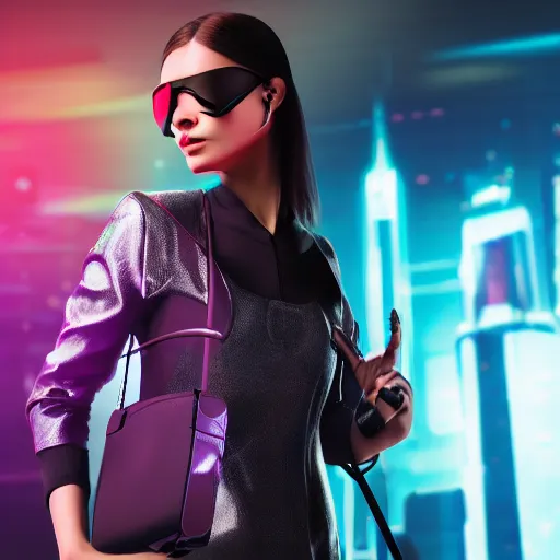 Prompt: a girl wearing a handbag from the future, cyberpunk background, highly detailed, epic lighting, 8 k