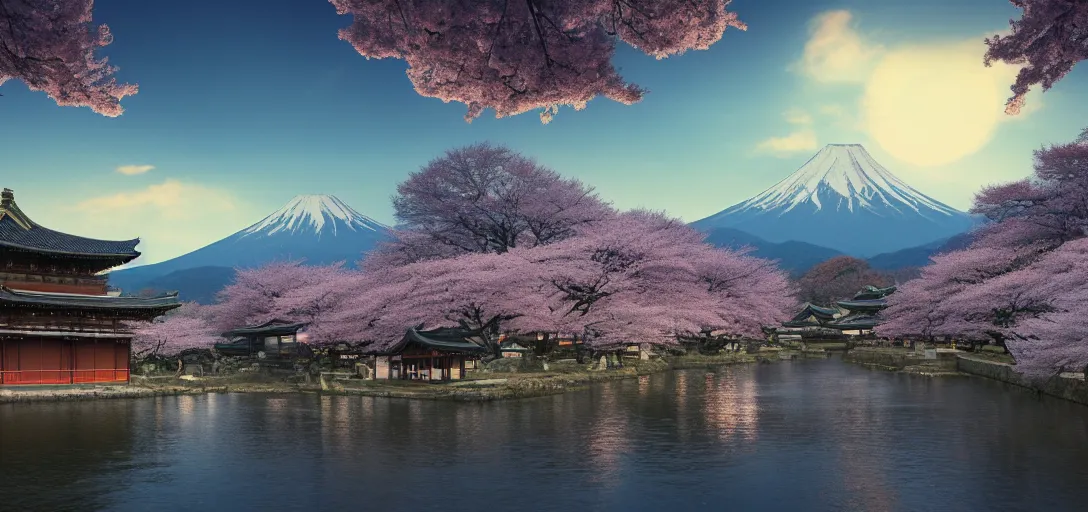 Image similar to very beautiful view of an ancient japanese city at dusk, large temples, cherry blossom trees, mountains in the background, calm clouds, cinematic lighting, ultra detailed, sharp, ambient occlusion, raytracing, by greg rutowski, paul chadeisson and jessica rossier