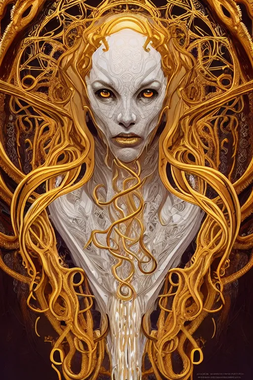 Prompt: portrait of a corrupted lovecraftian golden humanoid queen in the style of god of war, 8 intricate white and gold tentacles,, intricate, elegant, highly detailed, digital painting, artstation, concept art, smooth, sharp focus, illustration, art by artgerm and greg rutkowski and alphonse mucha, 8 k