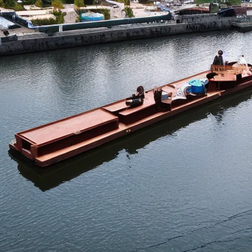 Prompt: a piano floating on a barge