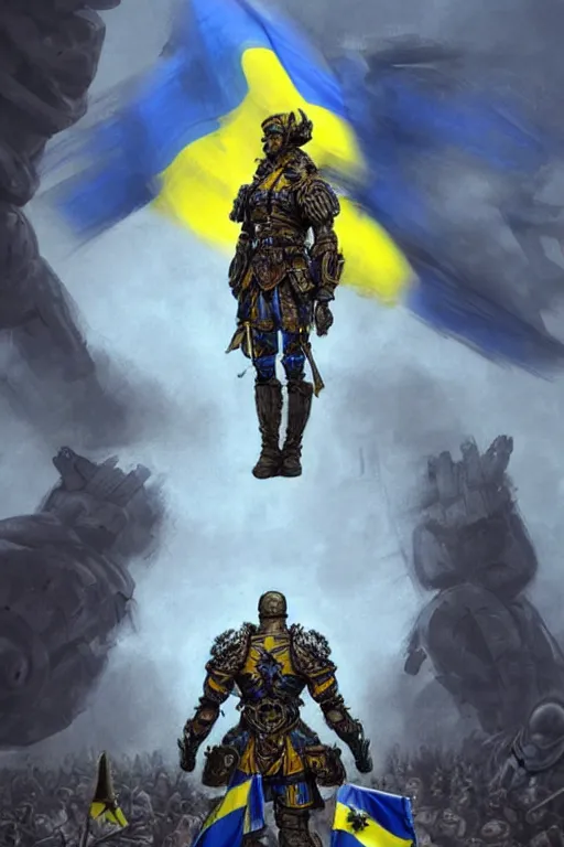 Image similar to a distant shot from behind of a Ukrainian super soldier with blue and yellow flag behind him standing alone on a huge pile of skulls as a winner, masculine muscular figure, D&D, fantasy, intricate, elegant, highly detailed, extremely detailed, digital painting, artstation, concept art, matte, sharp focus, symmetrical, illustration, art by Artgerm and Greg Rutkowski and Alphonse Mucha