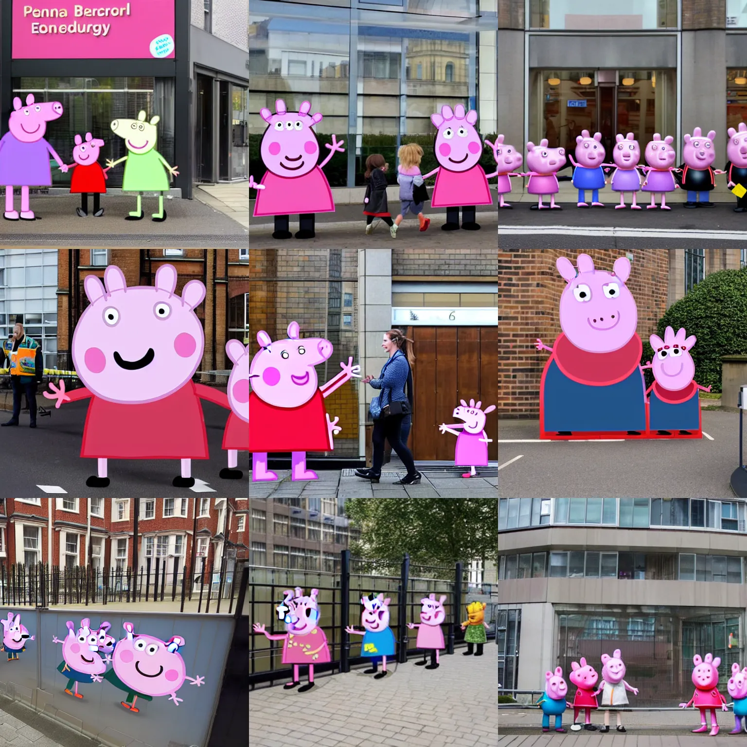 Prompt: peppa pig creating a human barrier around the headquarters of an energy company in london to prevent people of influence from accessing the building