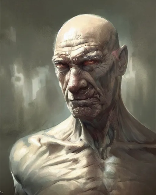 Image similar to old shaved man with a big scar on his blind left eye, elegant, hard edges, wrath, muscles, ethereal, science fiction, supervilain, fantasy art by greg rutkowski and magali villeneuve and claude monet