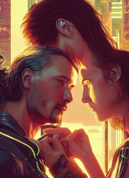 Image similar to a cyberpunk 2077 couple portrait of Keanu Reeves & female android final kiss in the night city,love,by Laurie Greasley,Lawrence Alma-Tadema,Dan Mumford,artstation,deviantart,FAN ART,Digital painting,face enhance,highly detailed,8K,octane,golden ratio,cinematic lighting