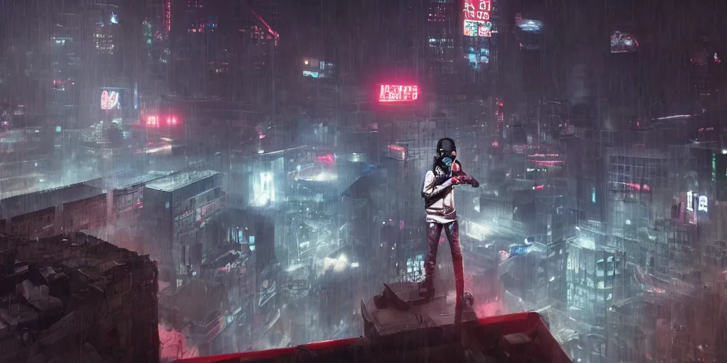 Prompt: cinematic shots of teenagers with tech clothing and hoods and tactical masks doing risky parkour on the rooftops of a dystopian city, neon lights, sci - fi, night lights, rain and haze, concept art, intricate, in the style of katsuhiro otomo, akira, unreal engine