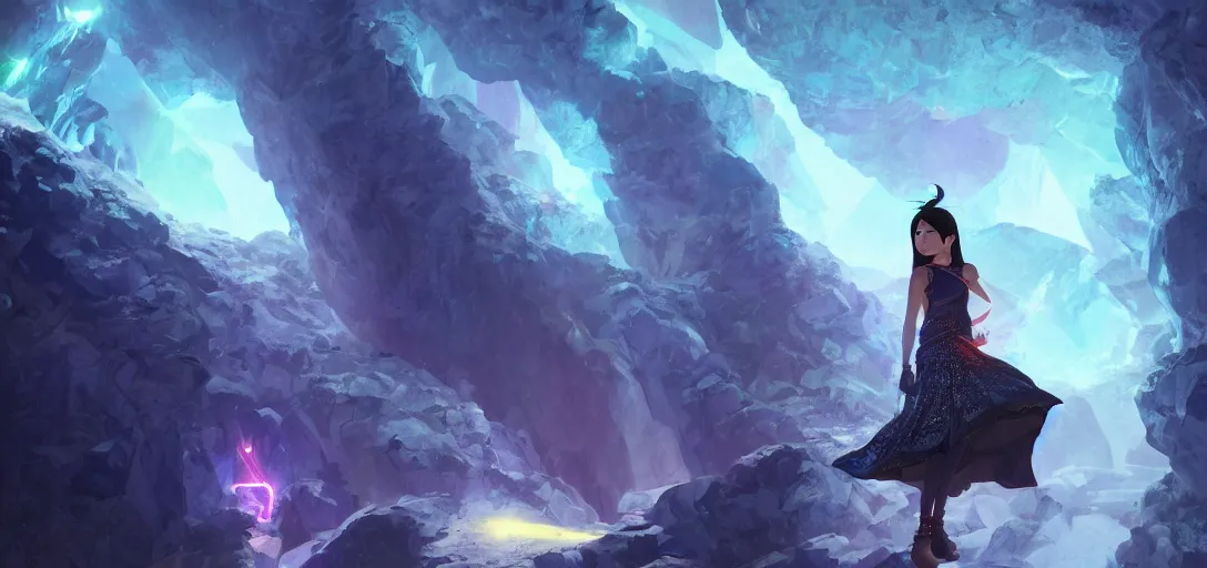 Image similar to Full body portrait of a Himalayan woman in a sleeveless dress,exploring a cave with glowing crystals, dark colors, ominous, somber, detailed, by Studio trigger, wojtek fus, by Makoto Shinkai and Ilya Kuvshinov