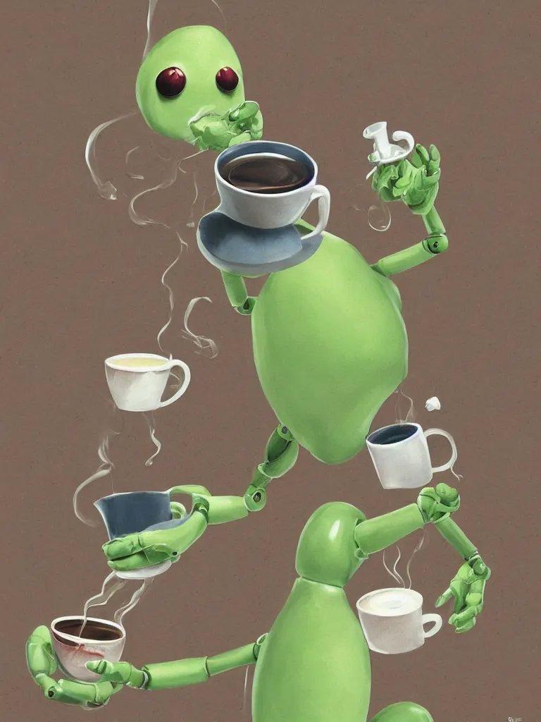 Prompt: serene illustration robotic kermit offering a cup of fresh steaming coffee, by Simon Stalenhaag, by Yoshita Amano, by Esao Andrews, sharp focus, fresh colors, conceptart, trending on artstation