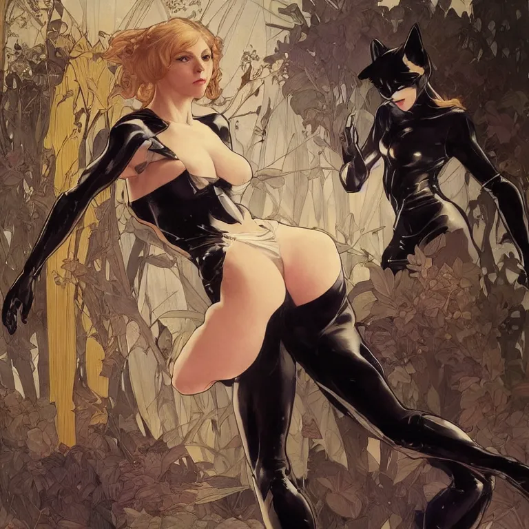 Image similar to Erin Moriarty as Cat Woman, highly detailed, digital painting, artstation, concept art, smooth, sharp focus, illustration, ArtStation, art by artgerm and greg rutkowski and alphonse mucha and J. C. Leyendecker and Edmund Blair Leighton and Katsuhiro Otomo and Geof Darrow and Phil hale and Ashley wood and Ilya repin and Charlie Bowater