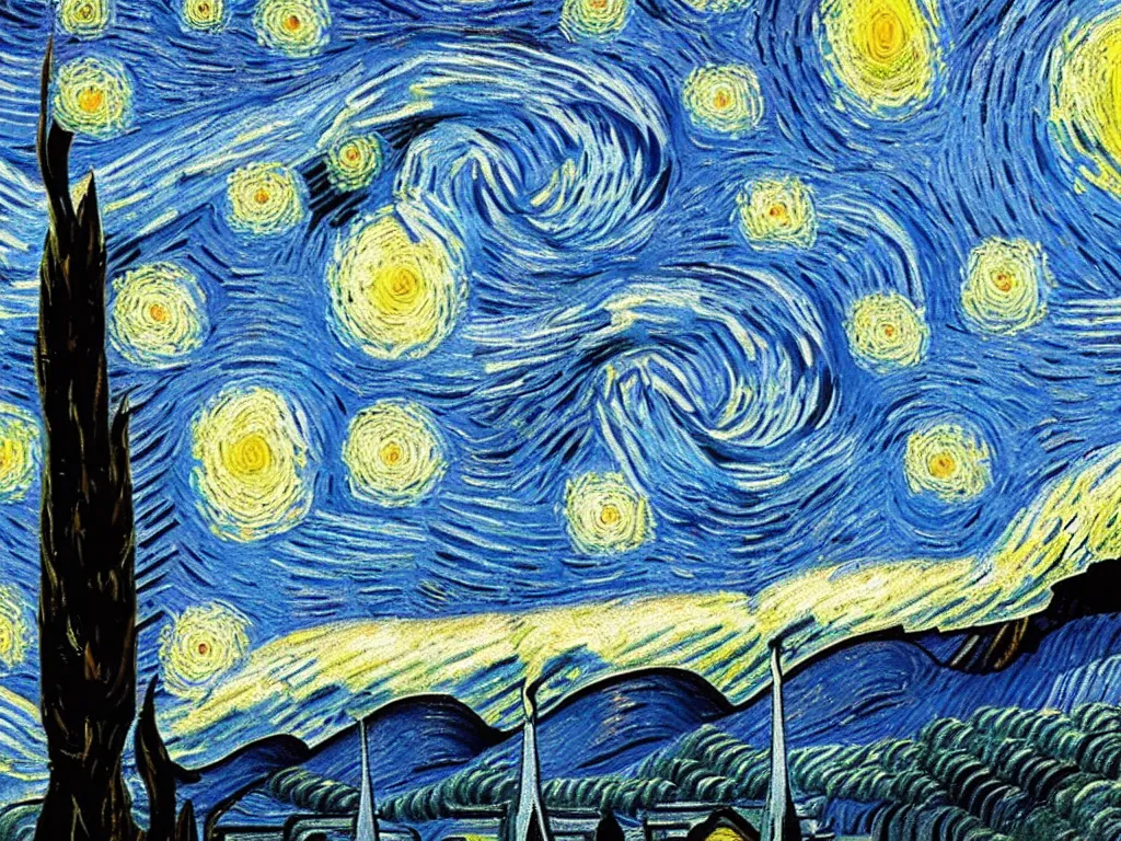 Image similar to van gogh starry night rotated 1 8 0 ⁰