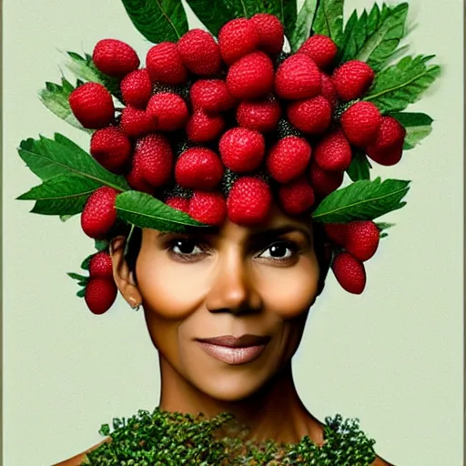 Prompt: halle berry head and face as berries, berries tree in the background, rendered by octane digital painting by arcimboldo