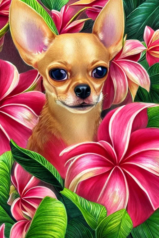 Prompt: ultra realistic illustration, portrait of a tan chihuahua plumeria tropical bouquet background, close up shot, fantasy, intricate, elegant, highly detailed, digital painting, artstation, concept art, smooth, sharp focus, illustration, surrealism