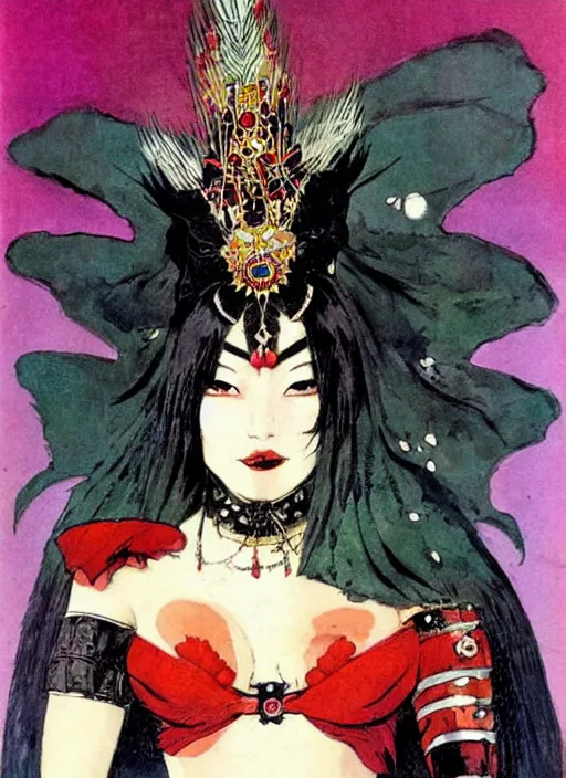 Image similar to mighty female korean vampiress, jeweled headdress, heavy mascara, strong line, saturated color, beautiful! coherent! by frank frazetta, high contrast, minimalism