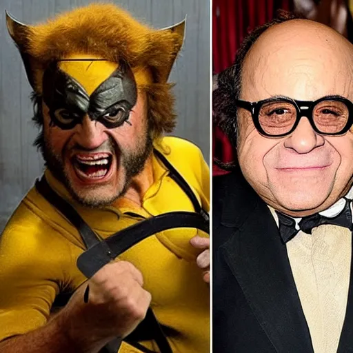 Image similar to danny devito dressed up in costume as the wolverine