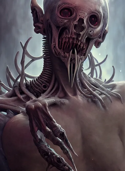 Image similar to ultra realistic, male human alien predator, gothic, fantasy, flesh, bone, body horror, intricate details, eerie, highly detailed, octane render, 8 k, art by artgerm and alphonse mucha and greg rutkowski