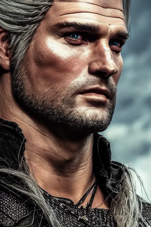 Image similar to the witcher, josh holloway face!!!, masterpiece, white hair, highly detailed face, ultra realistic, concept art, intricate details, highly detailed, photorealistic, octane render, 8 k, unreal engine. horror film still, heavy grain, 3 5 mm, art by artgerm and greg rutkowski and alphonse mucha