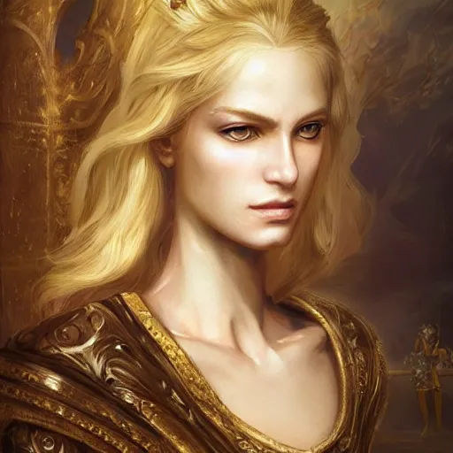 Image similar to a french lady with blonde hair and a beautiful face in a fantasy versailles, symmetric face, hyperrealism, epic fantasy digital art, fantasy style art, by Greg Rutkowski, fantasy magic the gathering card art style