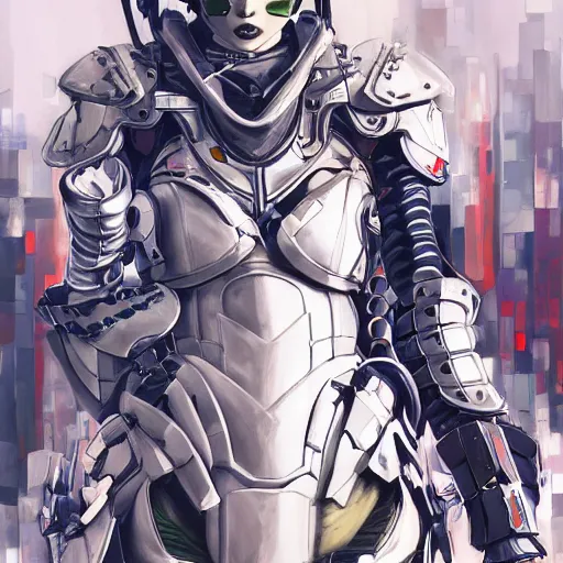 Prompt: girl wearing full suit of cyberpunk armor, intricate armor design, shigenori soejima illustration, heavy lineart, oil on canvas