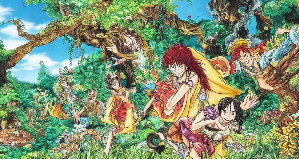 Prompt: Enchanted and magic forest, by Eiichiro Oda